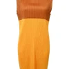 Orange polyester high-collar plissé sleeveless shift dress