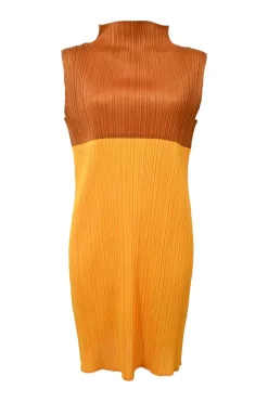 Orange polyester high-collar plissé sleeveless shift dress