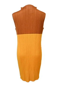 Orange polyester high-collar plissé sleeveless shift dress