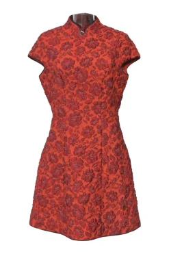 Orange polyester-blend floral brocade Mandarin collar sculpted qipao sheath with cap sleeves