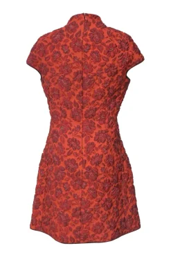 Orange polyester-blend floral brocade Mandarin collar sculpted qipao sheath with cap sleeves