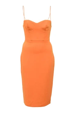 Orange polyester-blend Lane slit-back bustier sheath dress