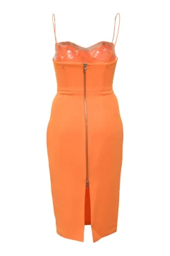 Orange polyester-blend Lane slit-back bustier sheath dress