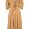 Orange polyester-blend Vichy check seersucker knot-front cutout puff sleeve A-line dress