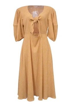 Orange polyester-blend Vichy check seersucker knot-front cutout puff sleeve A-line dress