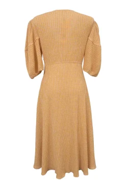 Orange polyester-blend Vichy check seersucker knot-front cutout puff sleeve A-line dress
