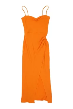 Orange ruched Tencel-blend midi slip dress with wrap-front skirt and fixed spaghetti straps