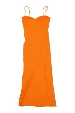 Orange ruched Tencel-blend midi slip dress with wrap-front skirt and fixed spaghetti straps