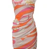 Orange ruched viscose kaleido print sleeveless sheath dress