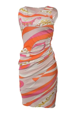 Orange ruched viscose kaleido print sleeveless sheath dress