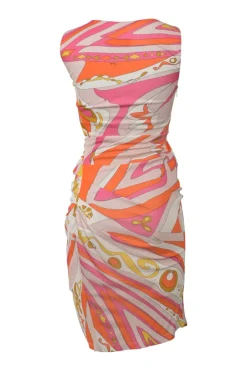 Orange ruched viscose kaleido print sleeveless sheath dress