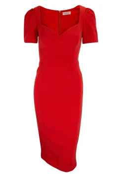 Orange short-sleeved heart neckline midi dress
