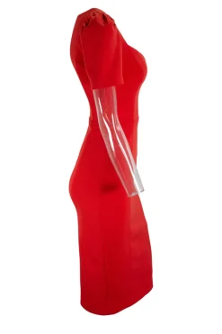 Orange short-sleeved heart neckline midi dress
