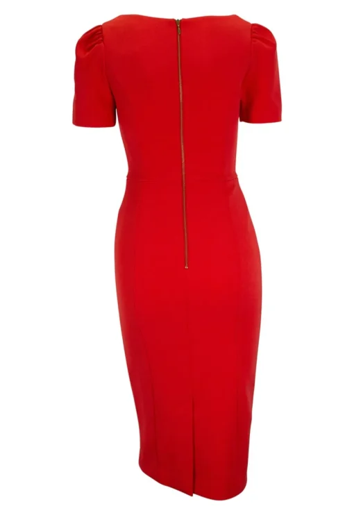Orange short-sleeved heart neckline midi dress