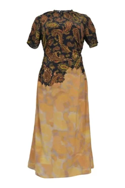 Orange silk abstract patchwork paisley print puff-sleeve midi A-line dress with gathered neckline and gathered side cutouts