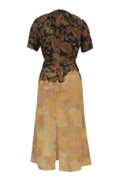 Orange silk abstract patchwork paisley print puff-sleeve midi A-line dress with gathered neckline and gathered side cutouts