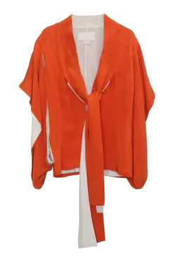 Orange silk pullover kimono-style plunge neck blouse with self-tie fastening at centre front