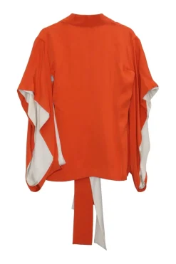 Orange silk pullover kimono-style plunge neck blouse with self-tie fastening at centre front