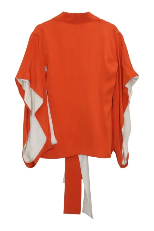 Orange silk pullover kimono-style plunge neck blouse with self-tie fastening at centre front