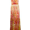 Orange sleeveless silk maxi dress with beading on the neck line.