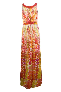 Orange sleeveless silk maxi dress with beading on the neck line.