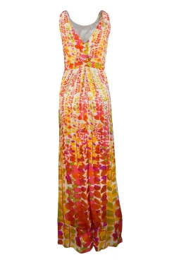 Orange sleeveless silk maxi dress with beading on the neck line.