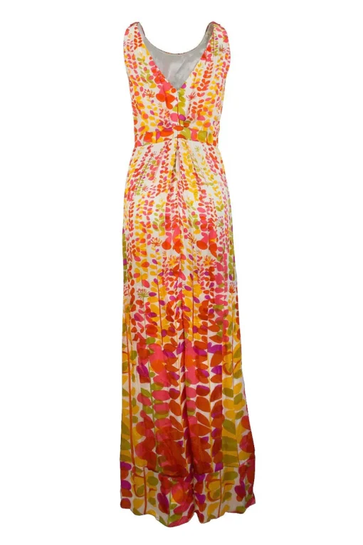 Orange sleeveless silk maxi dress with beading on the neck line.