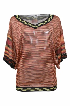 Orange space-dyed rayon-blend jersey knit dolman sleeve V-neck blouse