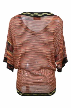 Orange space-dyed rayon-blend jersey knit dolman sleeve V-neck blouse