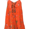 Orange tassel-tie front swing-style camisole featuring novelty floral bird motif