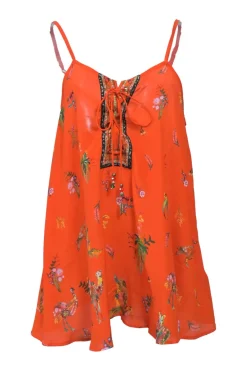 Orange tassel-tie front swing-style camisole featuring novelty floral bird motif