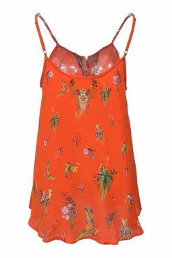 Orange tassel-tie front swing-style camisole featuring novelty floral bird motif