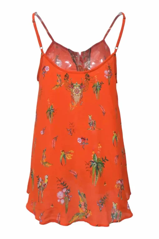Orange tassel-tie front swing-style camisole featuring novelty floral bird motif