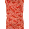 Orange tie dye patterned sleeveless drape top adorned with golden logo debossed hardware on one strap.