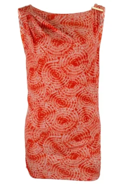 Orange tie dye patterned sleeveless drape top adorned with golden logo debossed hardware on one strap.