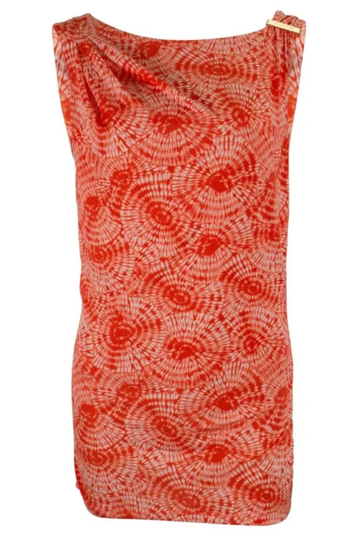 Orange tie dye patterned sleeveless drape top adorned with golden logo debossed hardware on one strap.