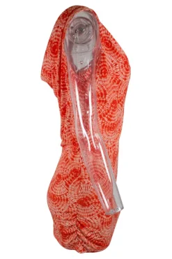 Orange tie dye patterned sleeveless drape top adorned with golden logo debossed hardware on one strap.