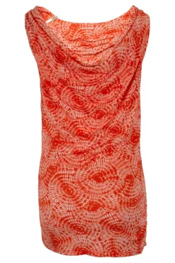 Orange tie dye patterned sleeveless drape top adorned with golden logo debossed hardware on one strap.