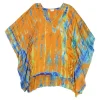 Orange tie-dye silk V-neck kaftan top with strass-embellished neckline