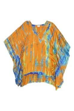 Orange tie-dye silk V-neck kaftan top with strass-embellished neckline