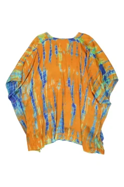 Orange tie-dye silk V-neck kaftan top with strass-embellished neckline