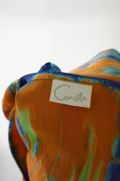Orange tie-dye silk V-neck kaftan top with strass-embellished neckline