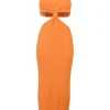 Orange  viscose rib knit tie-back Grecian neck knotted cutout midi dress