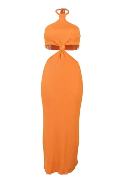 Orange  viscose rib knit tie-back Grecian neck knotted cutout midi dress