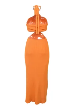 Orange  viscose rib knit tie-back Grecian neck knotted cutout midi dress
