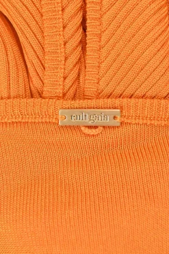 Orange  viscose rib knit tie-back Grecian neck knotted cutout midi dress