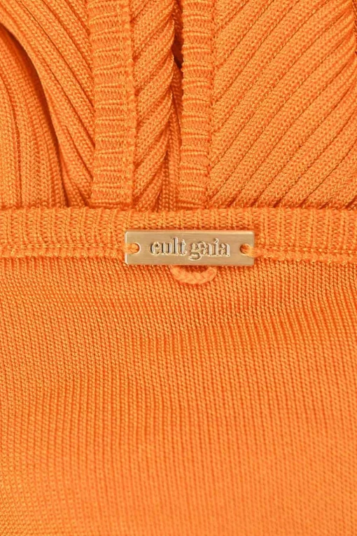 Orange  viscose rib knit tie-back Grecian neck knotted cutout midi dress