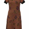 Orange viscose-blend graphic jacquard knit bateau neck short sleeve mini dress