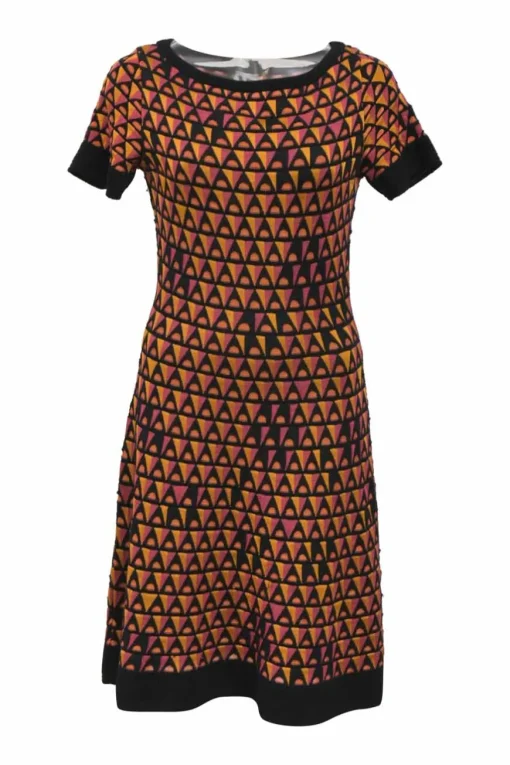 Orange viscose-blend graphic jacquard knit bateau neck short sleeve mini dress