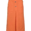 Orange viscose-blend pull-on high-rise slit-front belted A-line midi skirt with exposed button fly